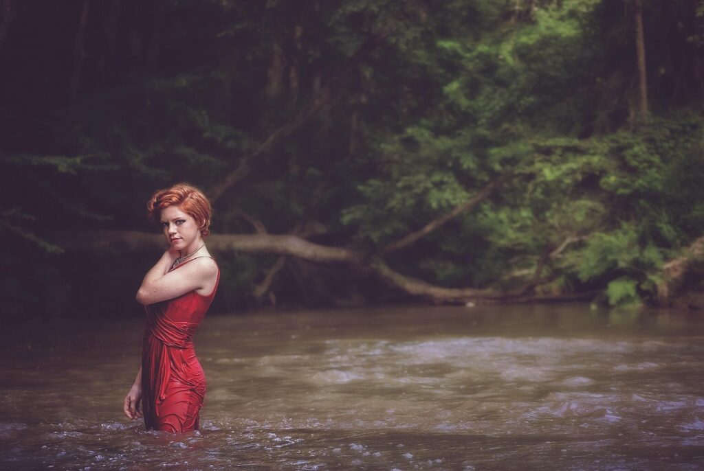 girl, wet, bathing, dress, red dress, fashion, style, outfit, redhead, redhead woman, female, female model, modeling, pose, posing, stylish, stylish woman, woman, water, outdoors, river, nature, dress, red dress, woman, woman, river, river, river, river, river