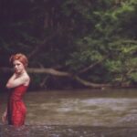 girl, wet, bathing, dress, red dress, fashion, style, outfit, redhead, redhead woman, female, female model, modeling, pose, posing, stylish, stylish woman, woman, water, outdoors, river, nature, dress, red dress, woman, woman, river, river, river, river, river